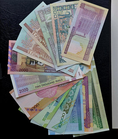 Mega Set of 100, 200, 500, 1000 (x2), 2000 (x2), 5000, 10000 (x2), 20000, 50000 and 100000 Rials 1985-2018 Persian notes Uncirculated UNC