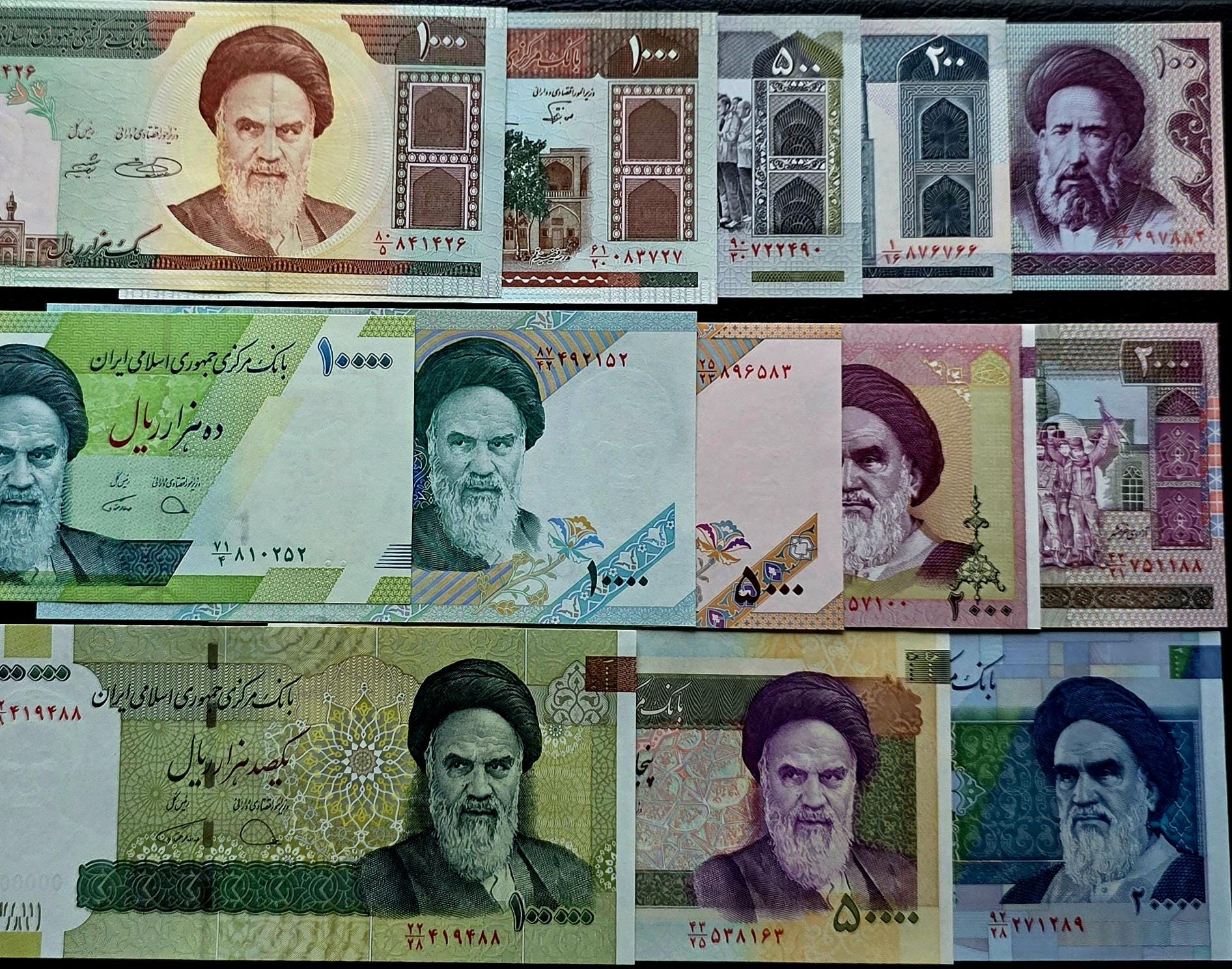 Mega Set of 100, 200, 500, 1000 (x2), 2000 (x2), 5000, 10000 (x2), 20000, 50000 and 100000 Rials 1985-2018 Persian notes Uncirculated UNC