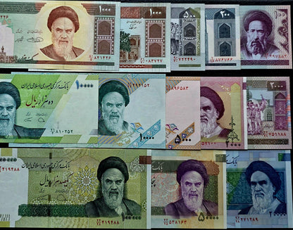 Mega Set of 100, 200, 500, 1000 (x2), 2000 (x2), 5000, 10000 (x2), 20000, 50000 and 100000 Rials 1985-2018 Persian notes Uncirculated UNC