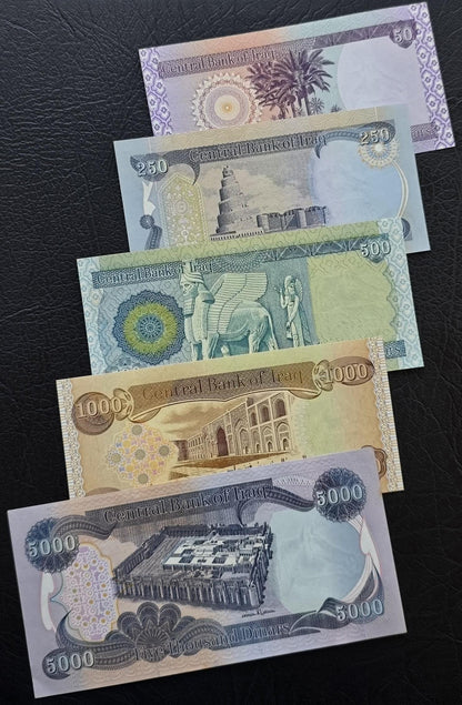 Set of 50, 250, 500, 1000, 5000 Dinars 2004 Iraq Uncirculated UNC (Five notes)- see the description