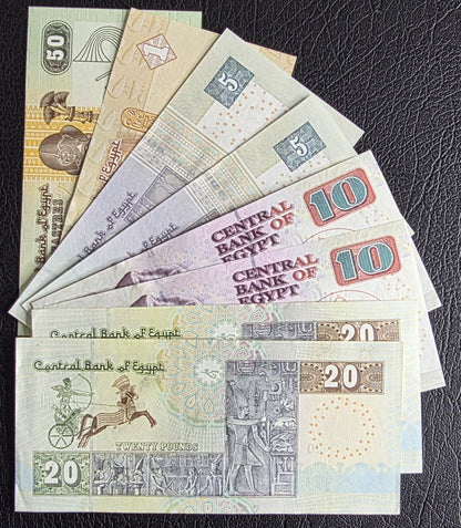 Set of 50 Piastre, 1, 5 (x2), 10 (x2), and 20 (x2) Pounds 2017- 2025 Egypt Uncirculated UNC (8 Banknotes)