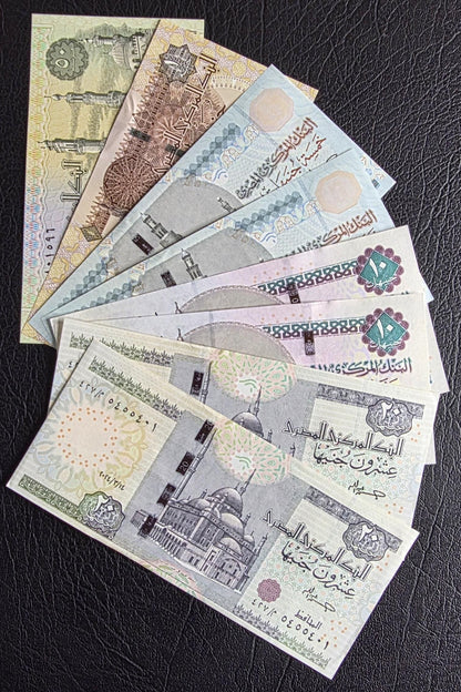 Set of 50 Piastre, 1, 5 (x2), 10 (x2), and 20 (x2) Pounds 2017- 2025 Egypt Uncirculated UNC (8 Banknotes)