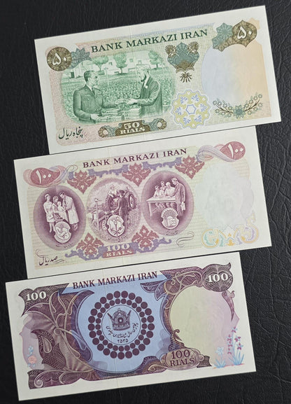 Set of 50 and 100 (×2) Rials 1971- 1976 Commemorative set Pahlavi Shah Persian note Gem Uncirculated (three banknotes)