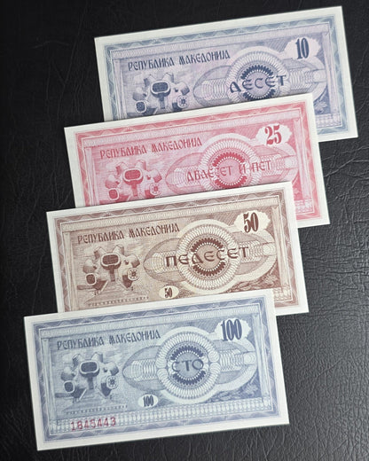 Set of 10, 25, 50 and 100 Denari 1992 Macedonia Uncirculated UNC (x4 banknotes in total)