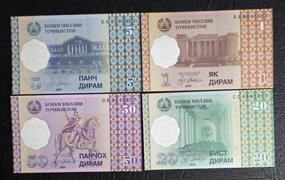 Set of 1, 5, 20 and 50 Diram 1990s Tajikistan Uncirculated UNC (4 notes)- see the last image