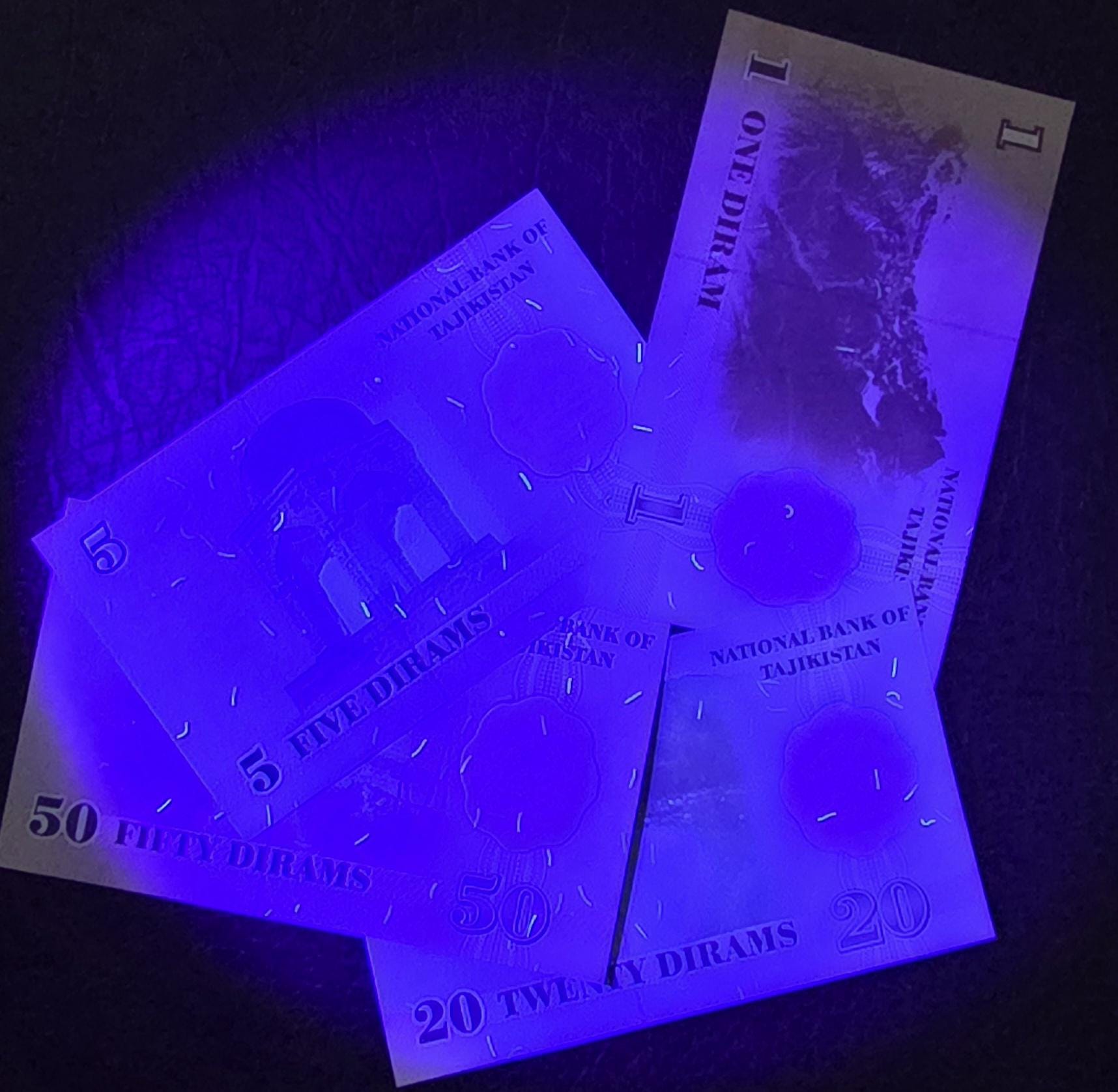 Set of 1, 5, 20 and 50 Diram 1990s Tajikistan Uncirculated UNC (4 notes)- see the last image