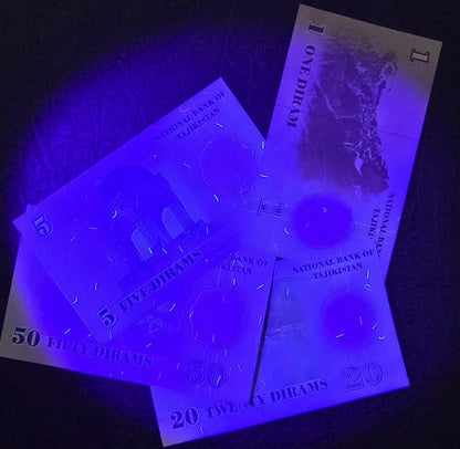 Set of 1, 5, 20 and 50 Diram 1990s Tajikistan Uncirculated UNC (4 notes)- see the last image