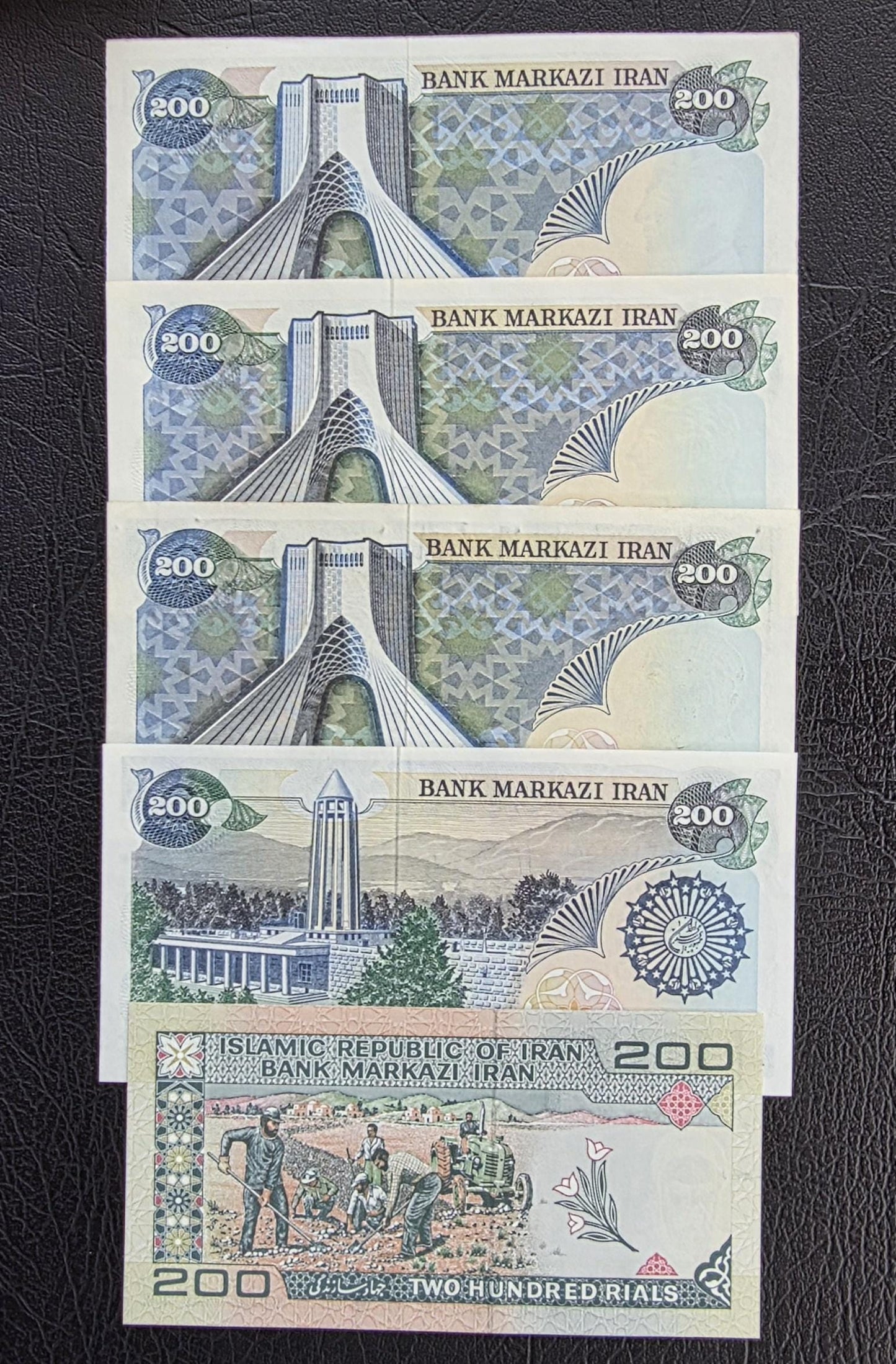 Full set of 200 Rials (Five designs) 1974- 1986 Pahlavi- Republic notes Gem Uncirculated UNC- A historical set