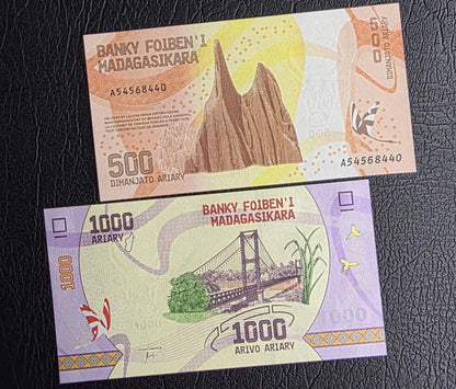 Set of 100, 200, 500 and 1000 Ariary 2017 Madagascar Gem Uncirculated UNC (4 notes)