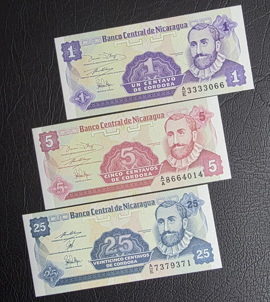Set of 1, 2, 25 Centavo(s) 1991 Nicaragua Uncirculated UNC (3 notes) Small size