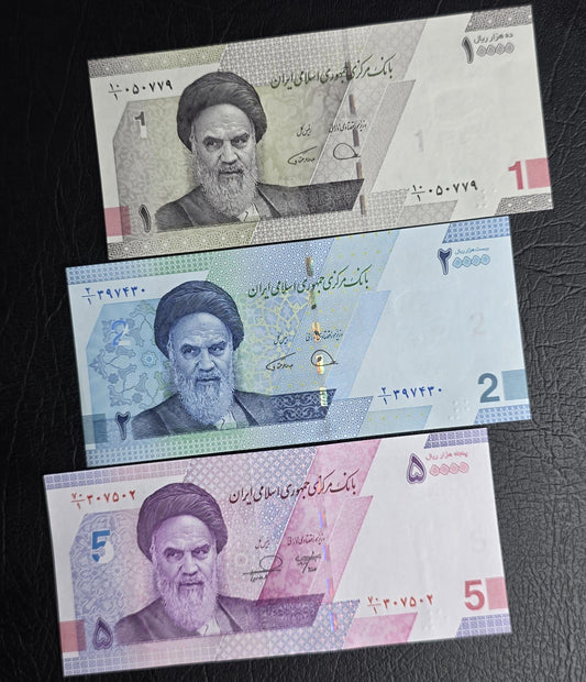 Set of 10000, 20000, and 50000 Rials (New version) note Uncirculated UNC (x3 banknotes in total)