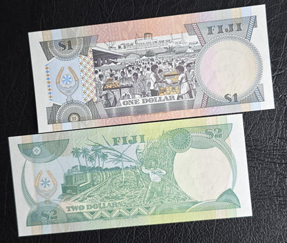 Set of 1 and 2 Dollar (s) 1993- 1995 Fiji Uncirculated UNC (two notes)