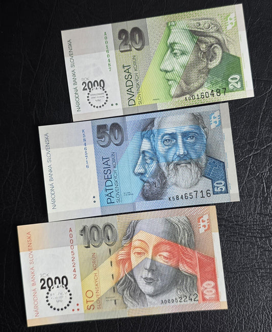 Set of 20, 50 and 100 Korun 1993- 2005 Slovakia Uncirculated UNC (three notes) low number