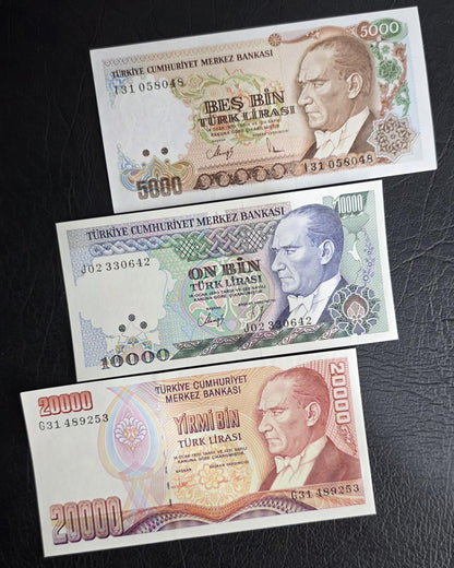 Set of 10 to 1,000,000 Lira Turkey Türkiye Uncirculated UNC (12 banknotes)- see the description
