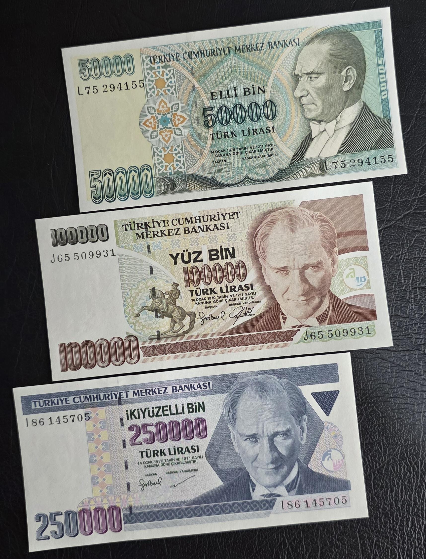 Set of 10 to 1,000,000 Lira Turkey Türkiye Uncirculated UNC (12 banknotes)- see the description