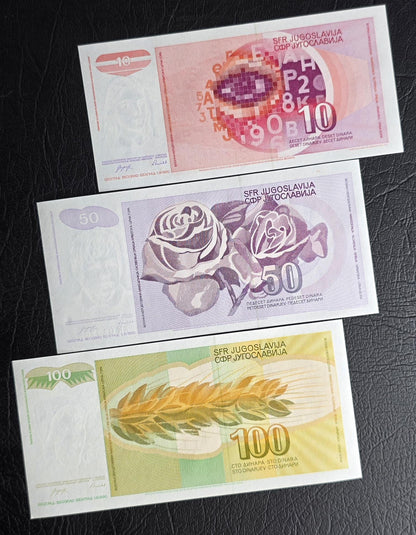 Set of 10, 50 and 100 Dinara 1990 Yugoslavia Uncirculated UNC (Three notes)