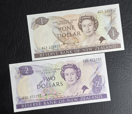 Set of 1 and 2 Dollars 1981- 1992 Newzealand Uncirculated UNC (2 notes)
