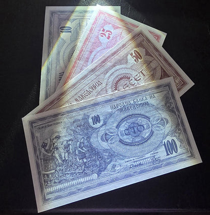 Set of 10, 25, 50 and 100 Denari 1992 Macedonia Uncirculated UNC (x4 banknotes in total)