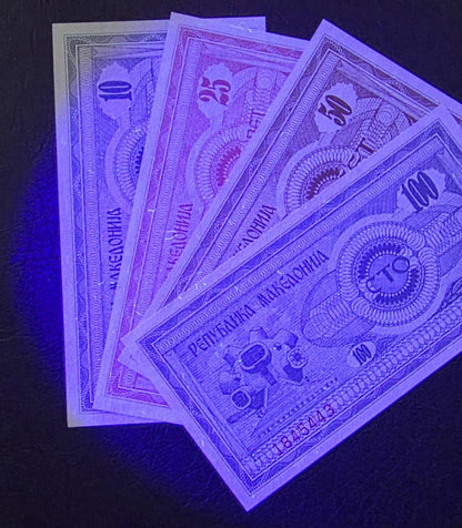 Set of 10, 25, 50 and 100 Denari 1992 Macedonia Uncirculated UNC (x4 banknotes in total)