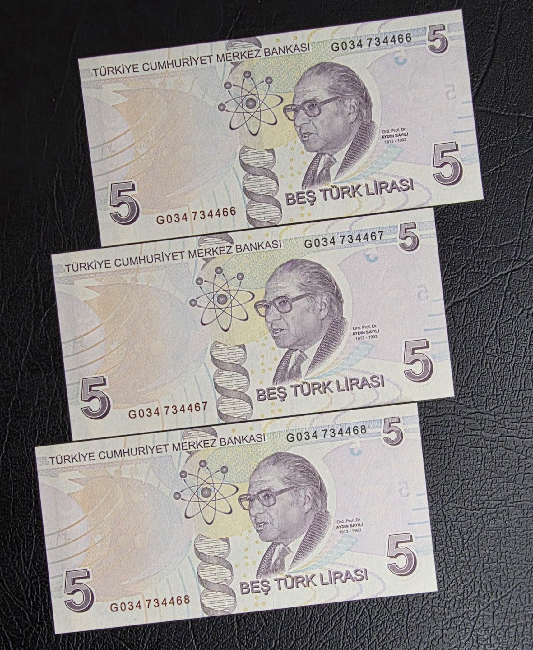 5 Lira 2023 Turkey Türkiye Uncirculated UNC (Three consecutive notes)