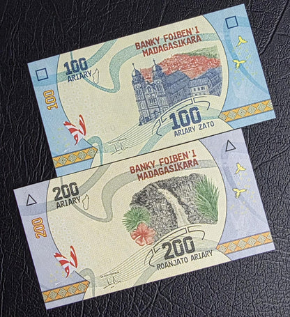 Set of 100, 200, 500 and 1000 Ariary 2017 Madagascar Gem Uncirculated UNC (4 notes)