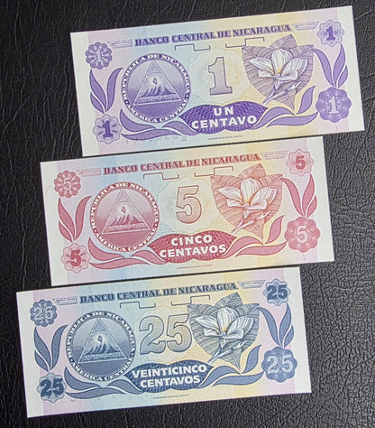 Set of 1, 2, 25 Centavo(s) 1991 Nicaragua Uncirculated UNC (3 notes) Small size