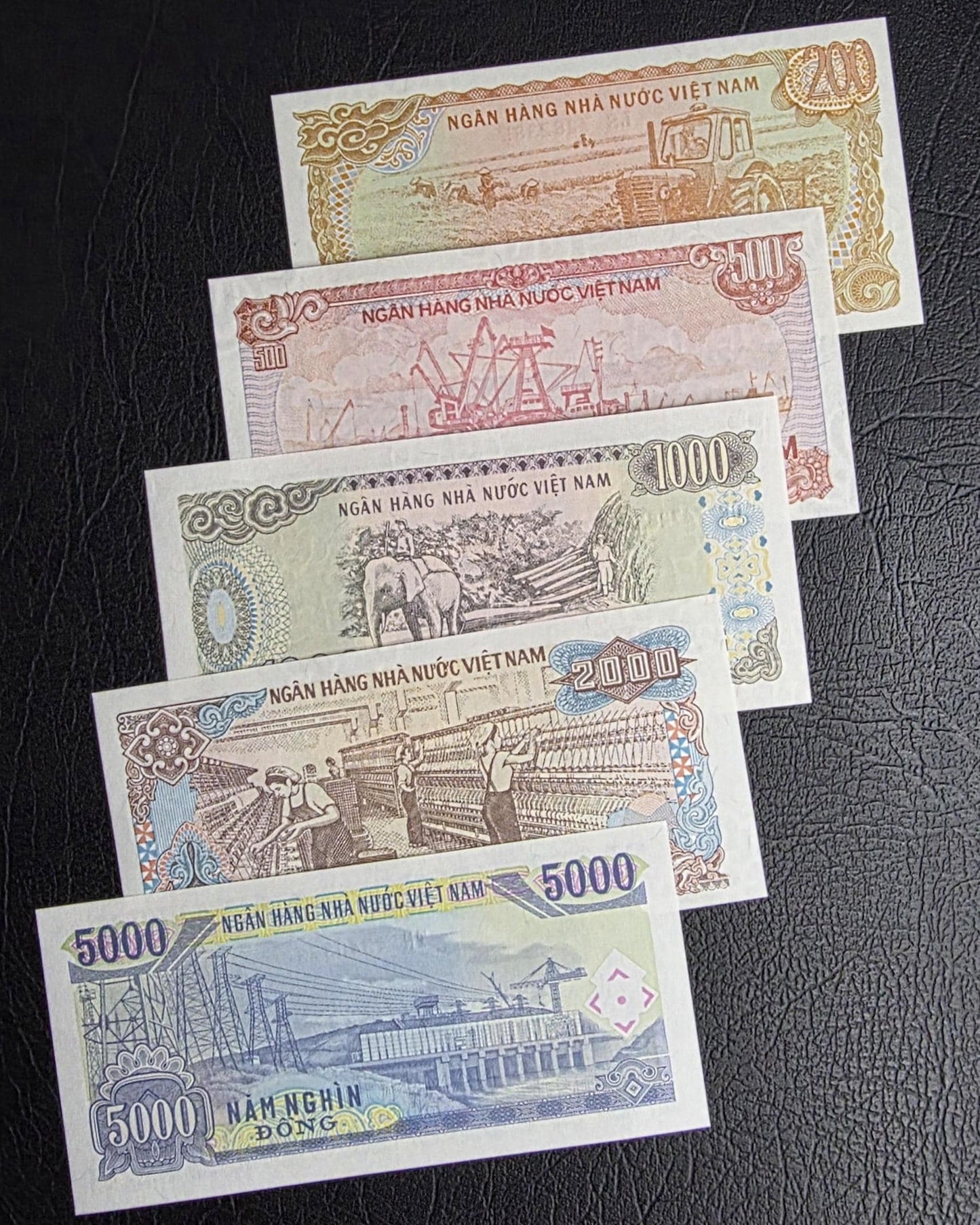 Set of 200, 500, 1000, 2000 and 5000 Dong 1980s Vietnam Uncirculated UNC (5 notes)