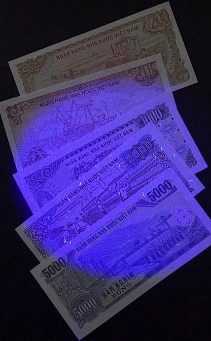 Set of 200, 500, 1000, 2000 and 5000 Dong 1980s Vietnam Uncirculated UNC (5 notes)
