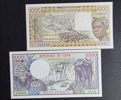 Set of 1000 Francs French Africa West and Equatorial Uncirculated (Two notes)