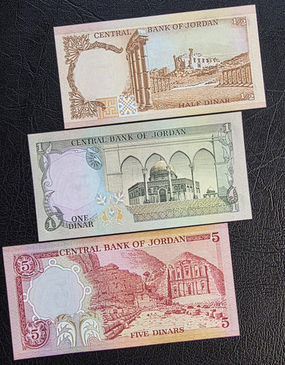 Set of 1/2, 1, 5, 10, 20 (x2) Dinar(s) 1975- 1992 Jordan Uncirculated UNC (six notes)
