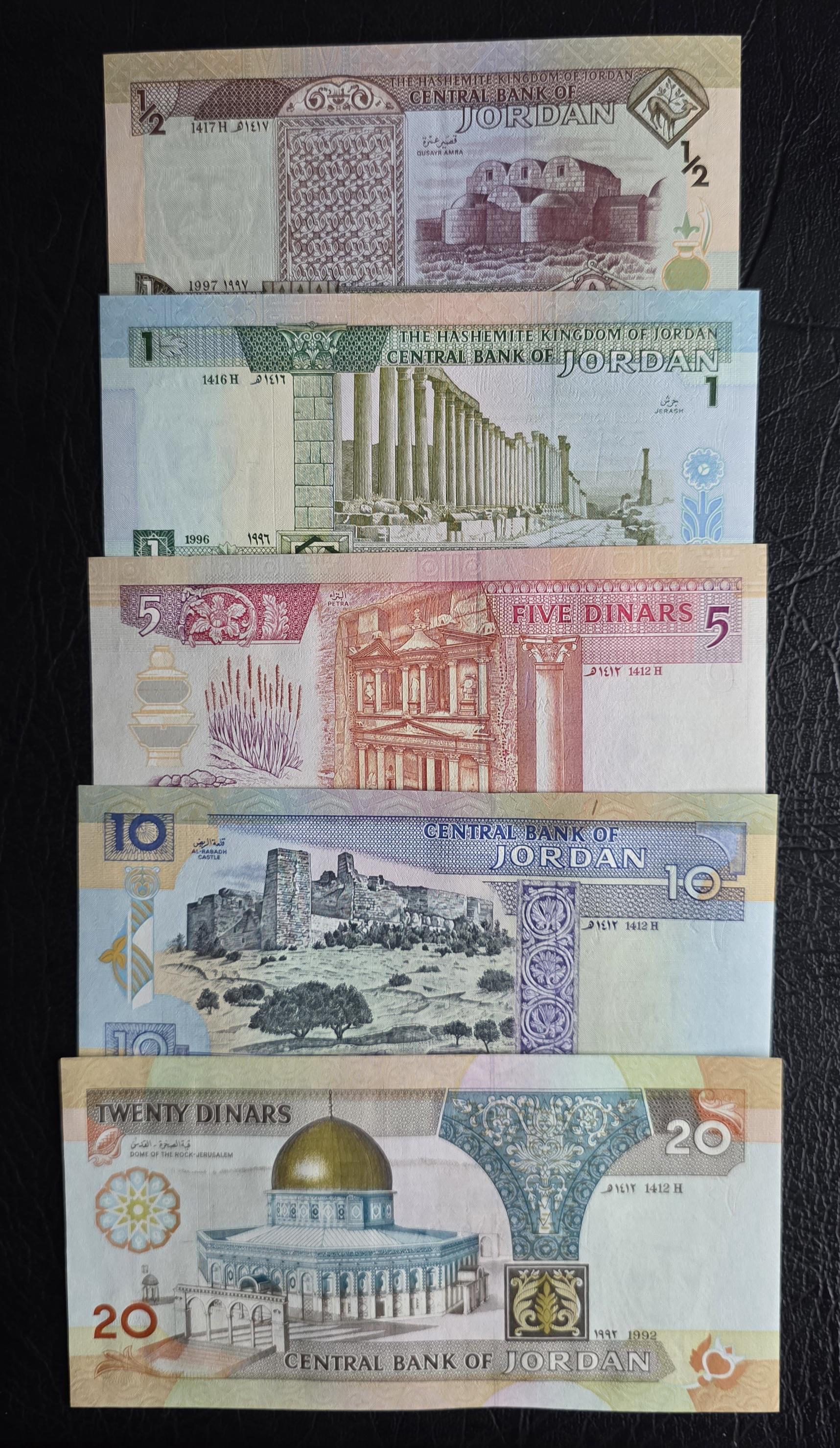 Set of 1/2, 1, 5, 10, and 20 Dinar(s) 1992- 1996 Jordan Uncirculated UNC (five notes)