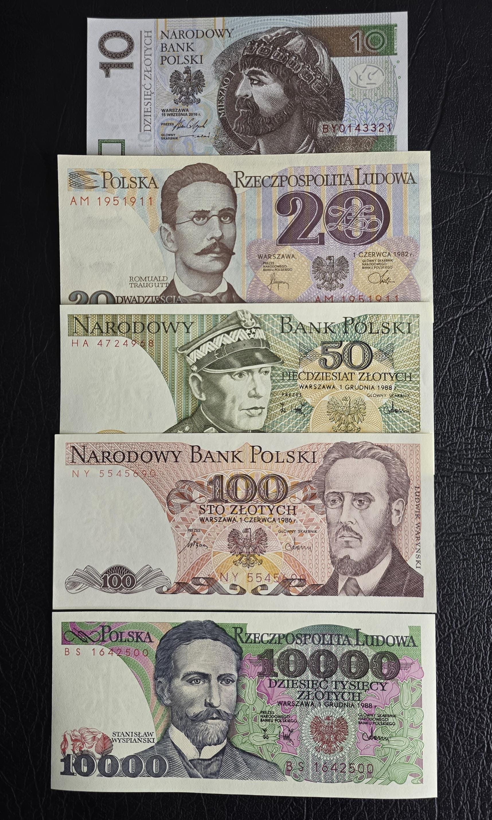 Set of 10, 20, 50, 100 and 10000 Zlotych 1976- 2016 Poland Uncirculated UNC (five notes)