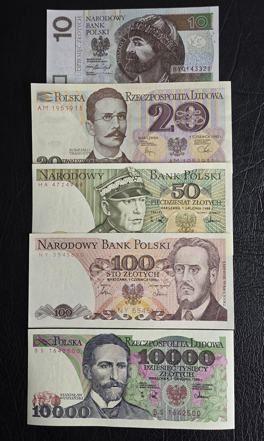 Set of 10, 20, 50, 100 and 10000 Zlotych 1976- 2016 Poland Uncirculated UNC (five notes)