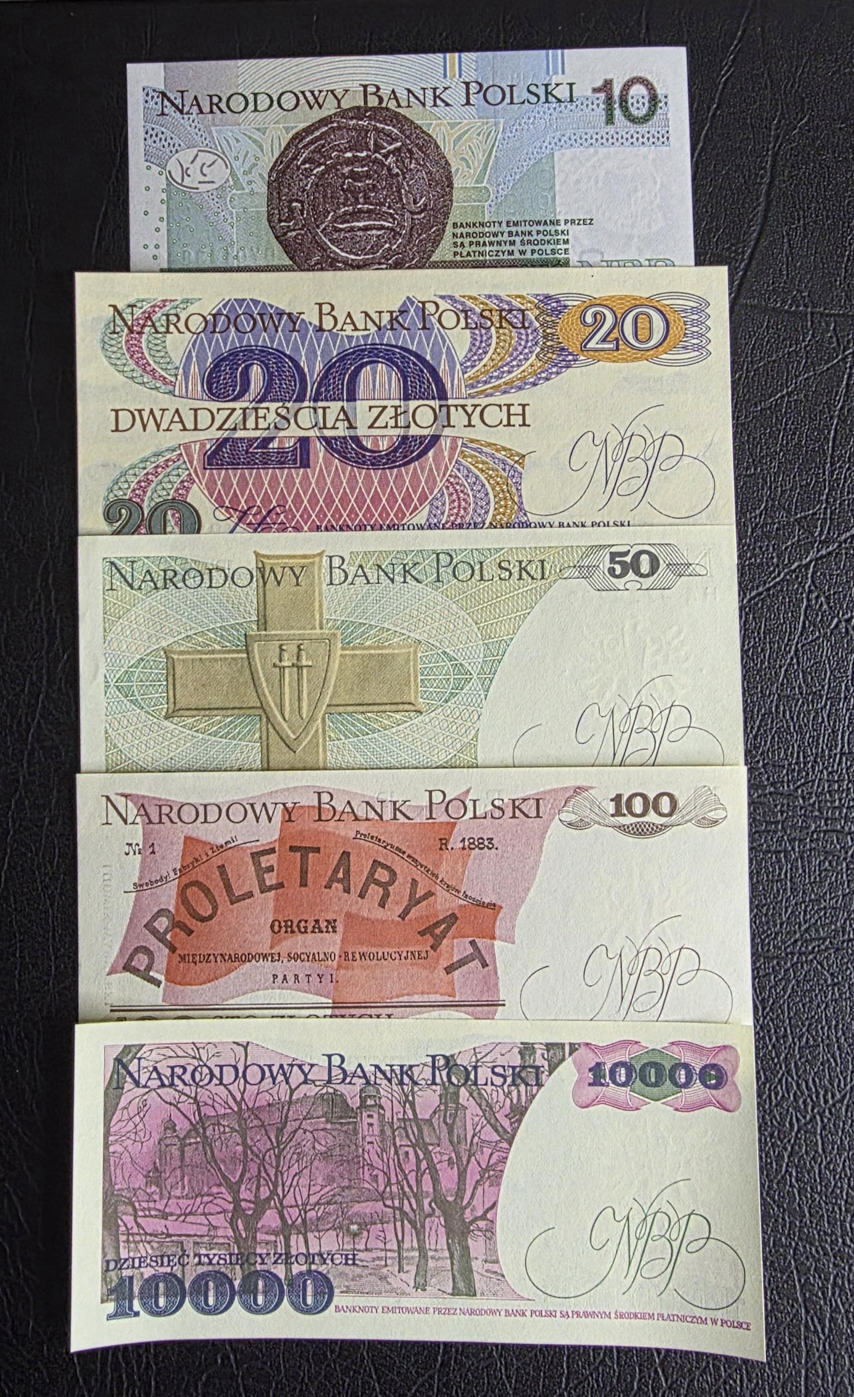 Set of 10, 20, 50, 100 and 10000 Zlotych 1976- 2016 Poland Uncirculated UNC (five notes)