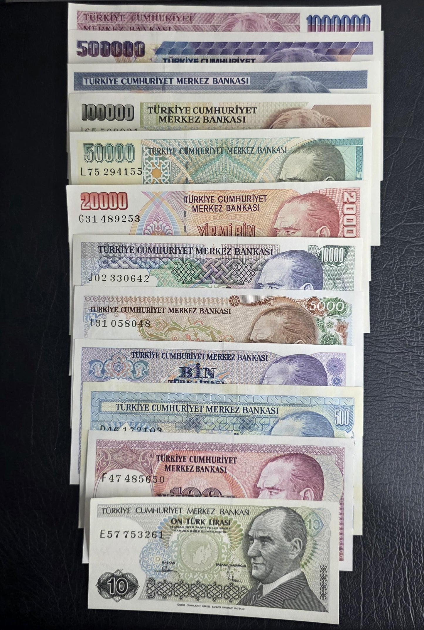 Set of 10 to 1,000,000 Lira Turkey Türkiye Uncirculated UNC (12 banknotes)- see the description