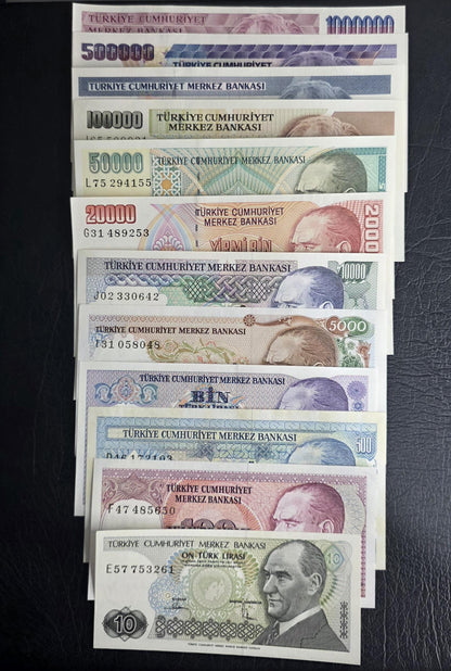 Set of 10 to 1,000,000 Lira Turkey Türkiye Uncirculated UNC (12 banknotes)- see the description