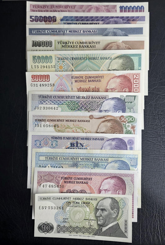 Set of 10 to 1,000,000 Lira Turkey Türkiye Uncirculated UNC (12 banknotes)- see the description