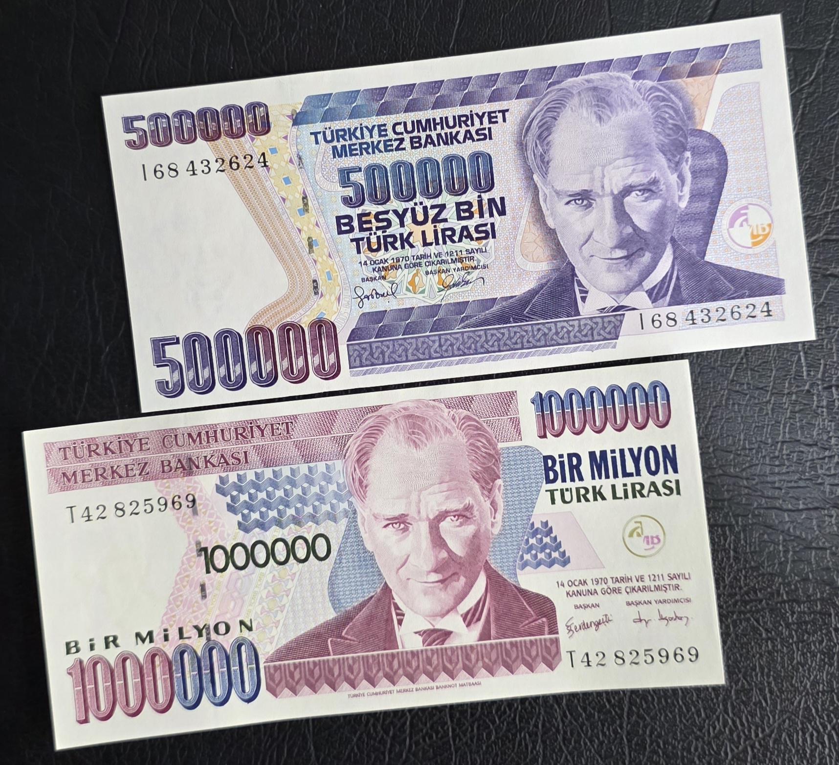 Set of 10 to 1,000,000 Lira Turkey Türkiye Uncirculated UNC (12 banknotes)- see the description