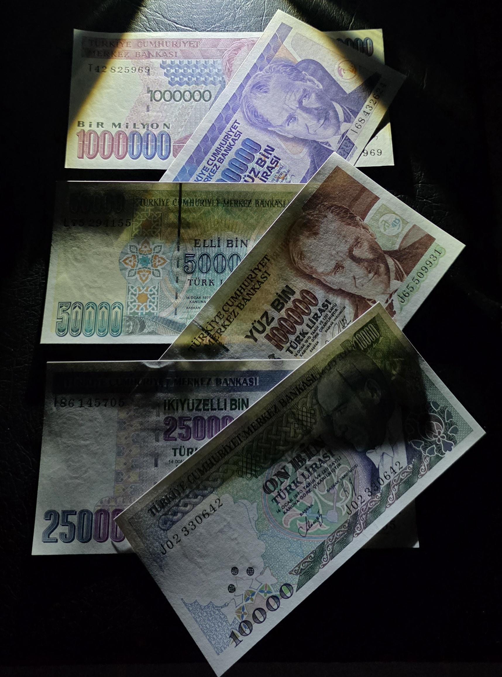 Set of 10 to 1,000,000 Lira Turkey Türkiye Uncirculated UNC (12 banknotes)- see the description
