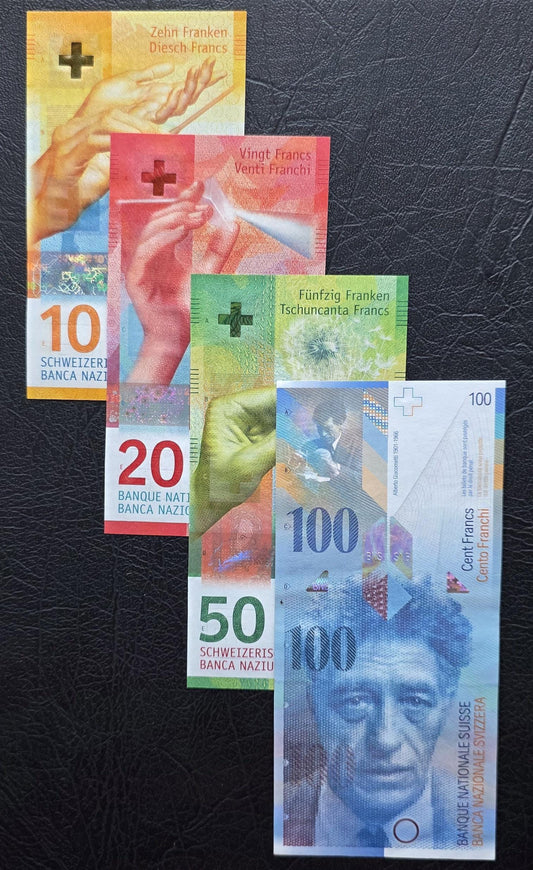 Full set 10, 20, 50, and 100 Francs CHF Switzerland Swiss Uncirculated UNC (four notes)- see the description