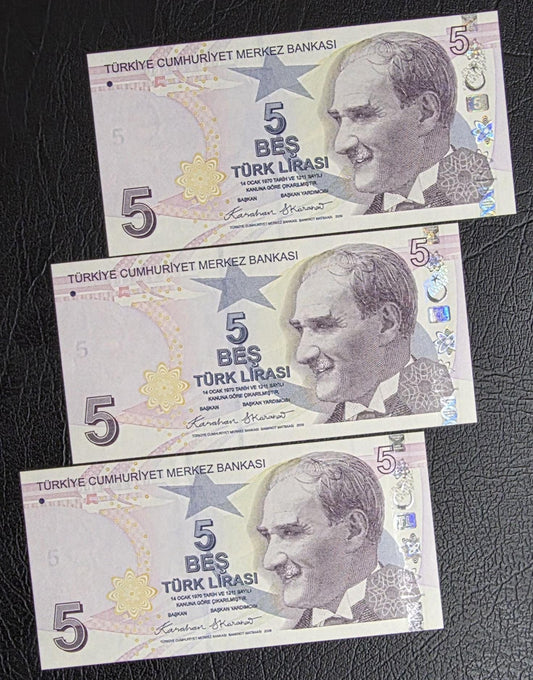 5 Lira 2023 Turkey Türkiye Uncirculated UNC (Three consecutive notes)