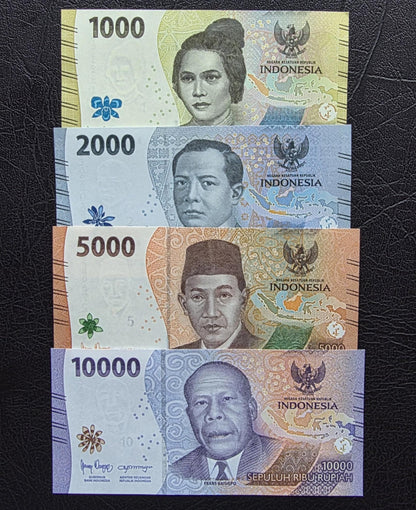 Set of 1000, 2000, 5000 and 10000 Rupiah 2022 New Design Indonesia Gem Uncirculated UNC (4 notes)