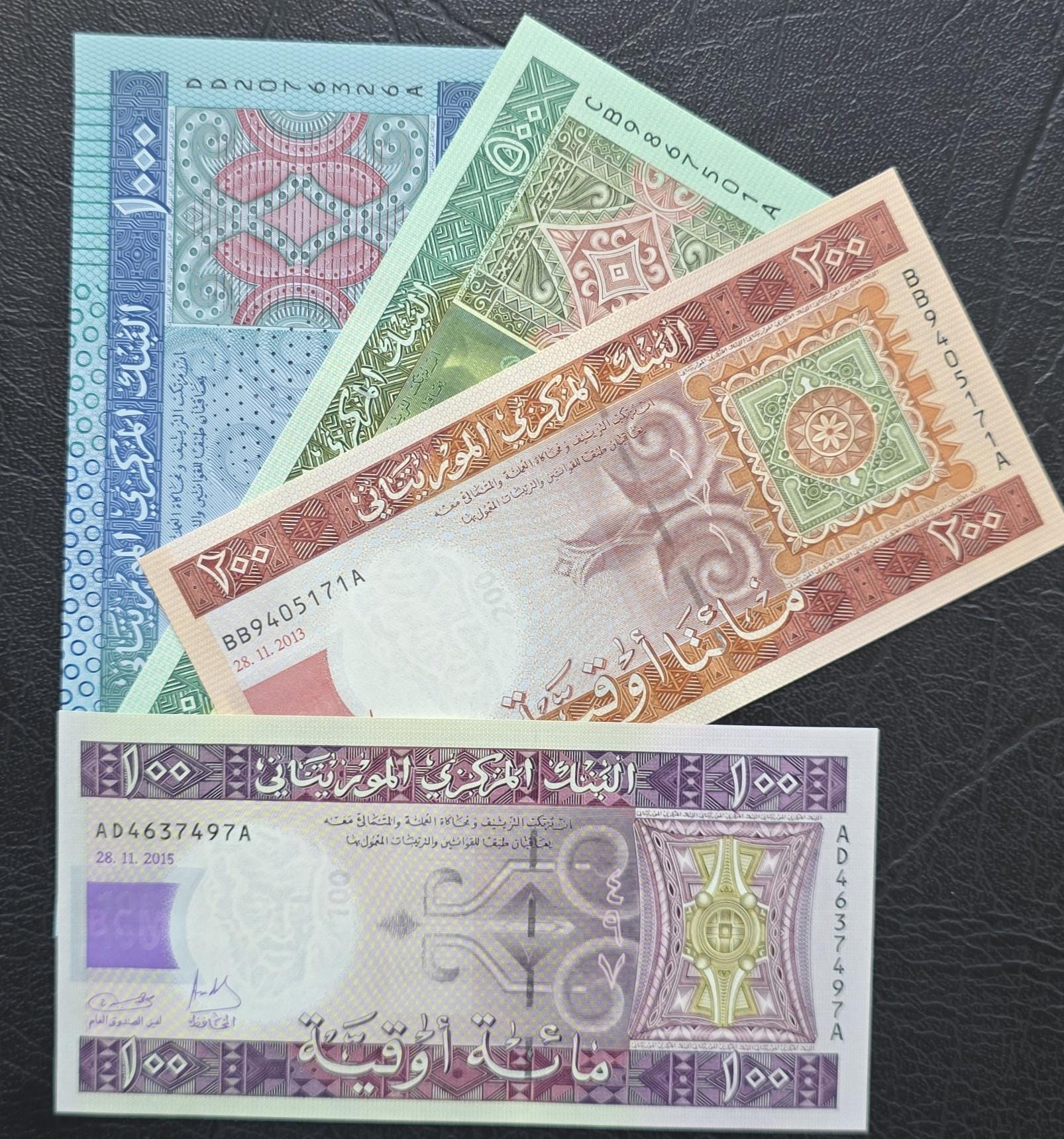 Set of 100, 200, 500 and 100O Uguiya 2022 Mauritania New Design Gem Uncirculated UNC (4 notes)