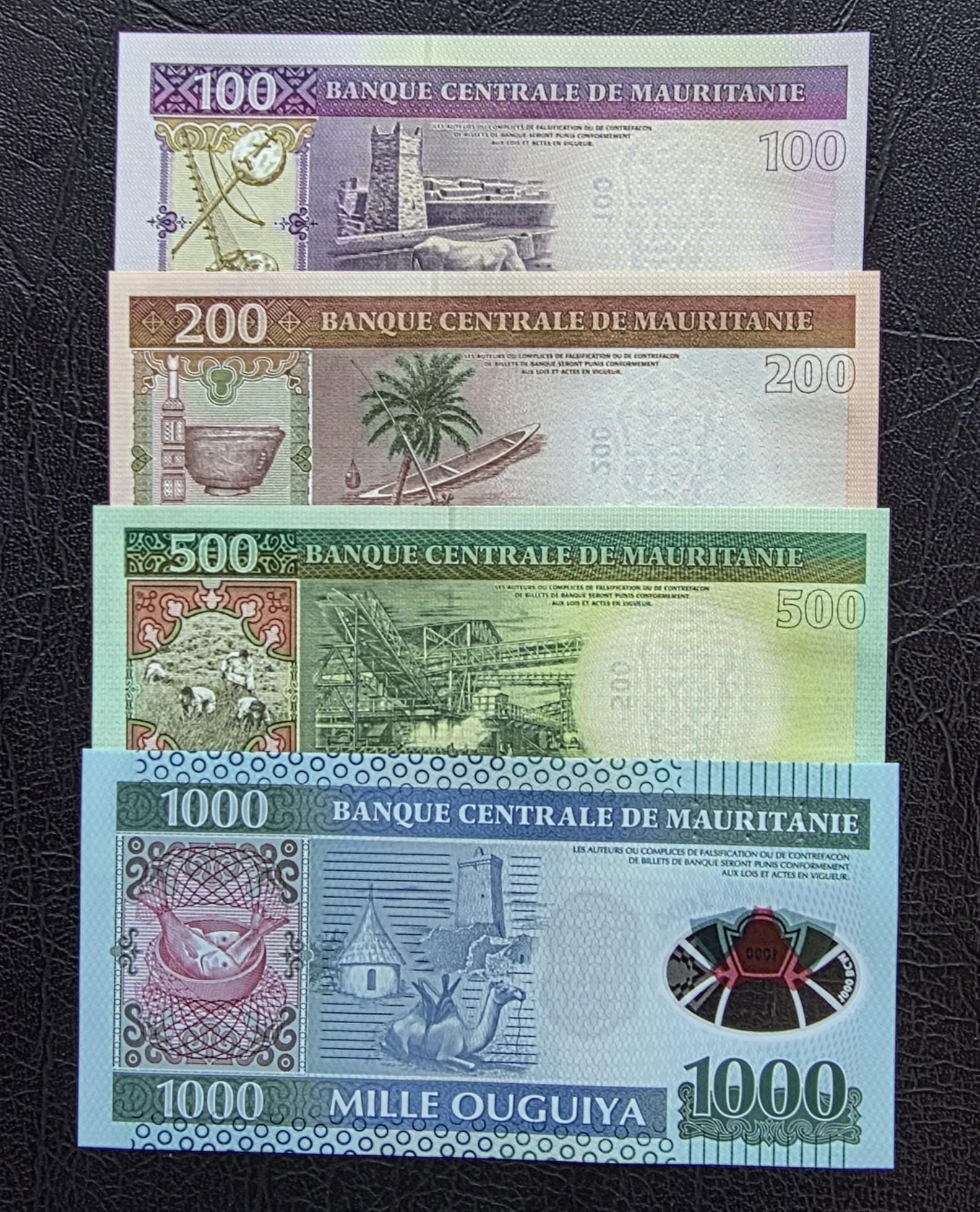 Set of 100, 200, 500 and 100O Uguiya 2022 Mauritania New Design Gem Uncirculated UNC (4 notes)