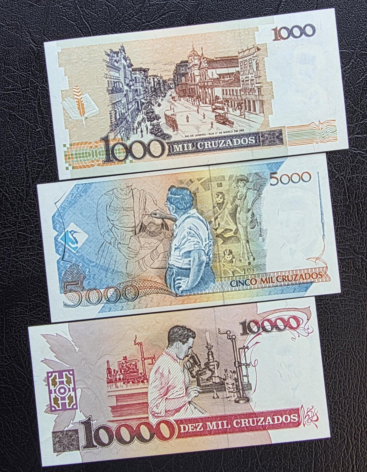 Set of 1000, 5000 and 10000 Cruzados 1989 Brazil Gem Uncirculated UNC (3 banknotes)