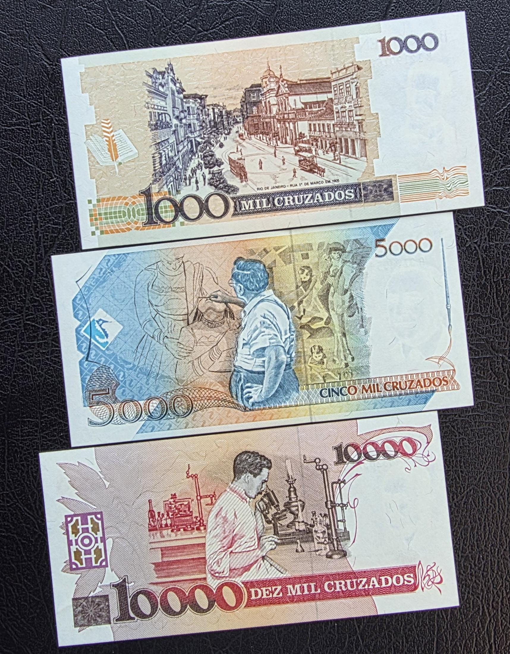 Set of 1000, 5000 and 10000 Cruzados 1989 Brazil Gem Uncirculated UNC (3 banknotes)