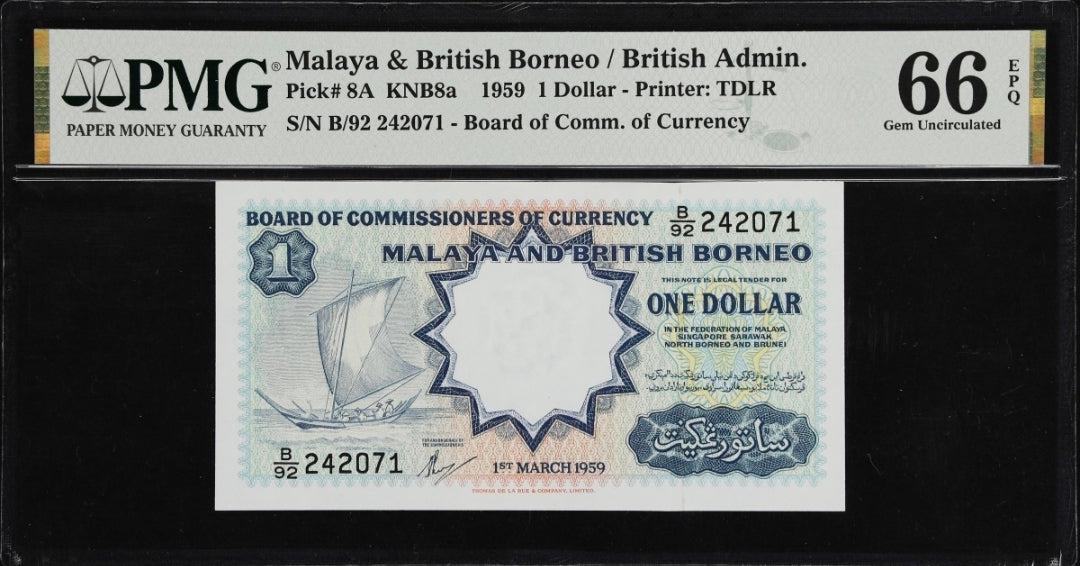One Dollar 1959 Malaya & British Borneo P 8a PMG 66 EPQ Gem Uncirculated UNC