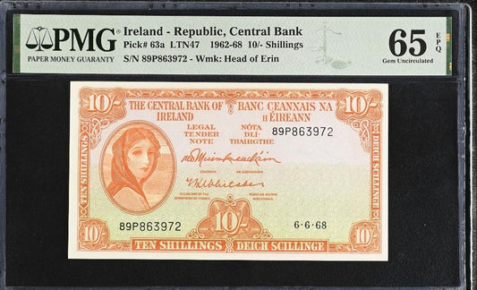Ten 10 Shillings 1962 Ireland P 63a Gem Uncirculated UNC PMG 65 EPQ