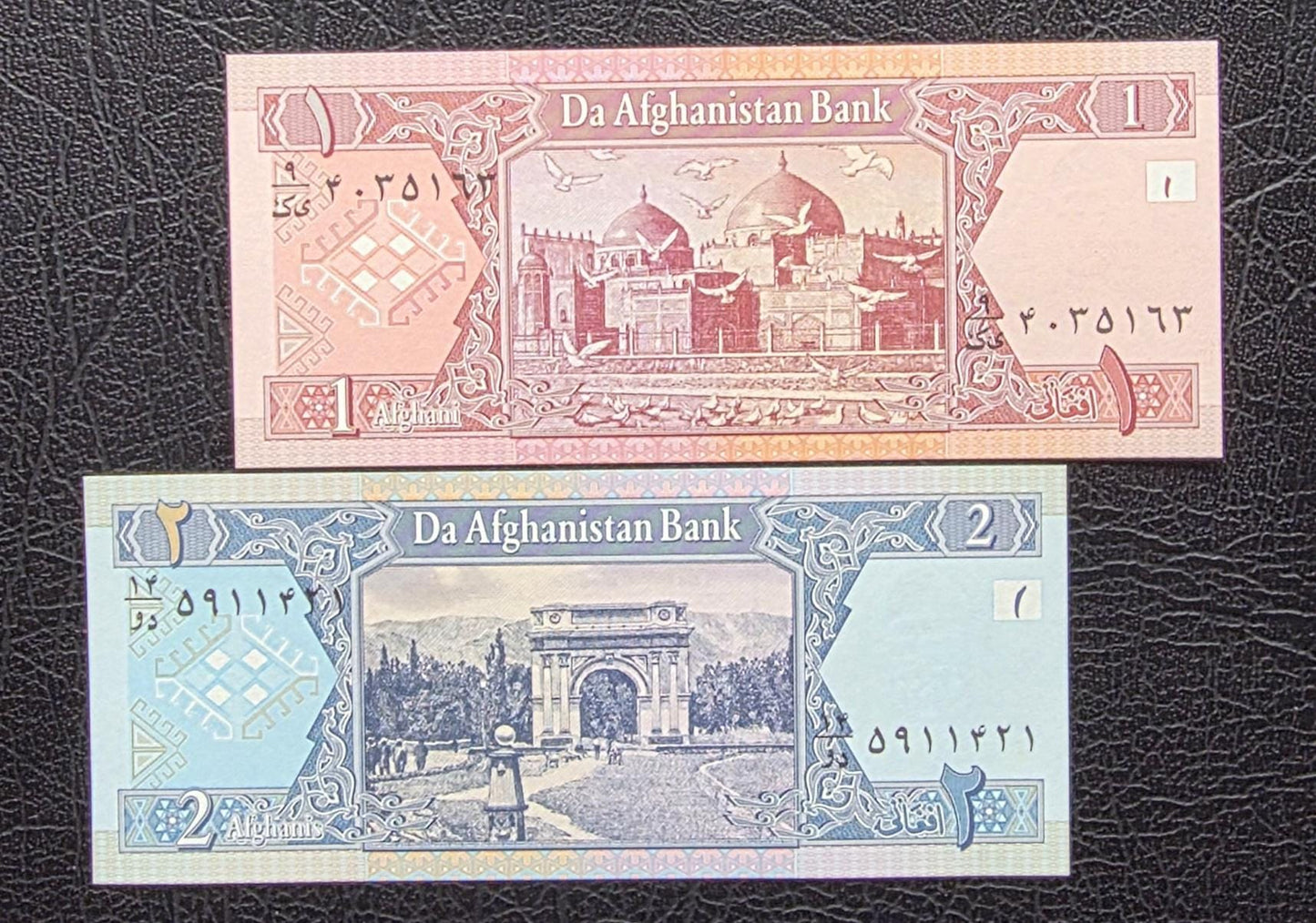 Set of 1 and 2 Afghani(s) 2002 Afghanistan Uncirculated UNC (2 notes)- Small notes