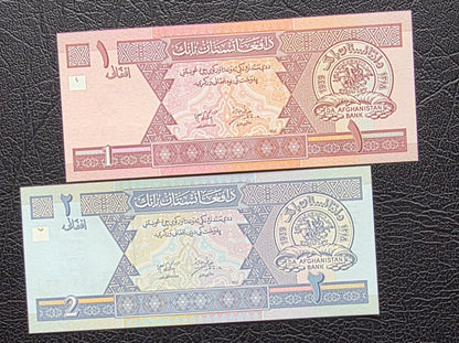 Set of 1 and 2 Afghani(s) 2002 Afghanistan Uncirculated UNC (2 notes)- Small notes